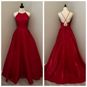 NEW CHRISTNA WU SZ 16 CLARET RED FORMAL ORGANZA TIE BACK BALLGOWN WITH POCKETS